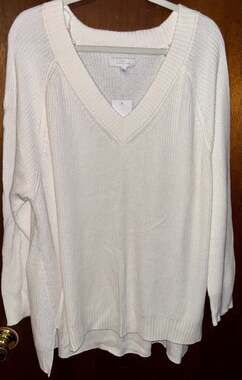 New Directions White V-Neck Ribbed Knit Sweater Size XXL